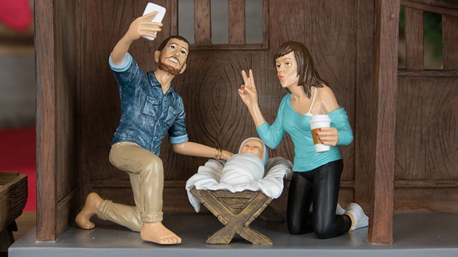 Baby Jesus with his hipster parents.