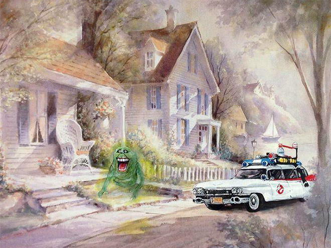 Pop culture characters added to thrift store paintings.