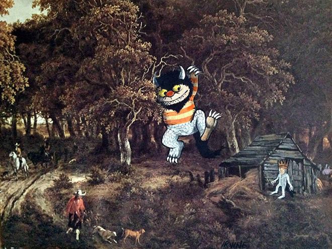 Pop culture characters added to thrift store paintings.