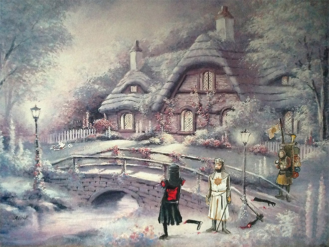 Pop culture characters added to thrift store paintings.