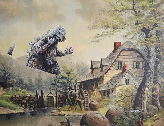 Pop culture characters added to thrift store paintings.