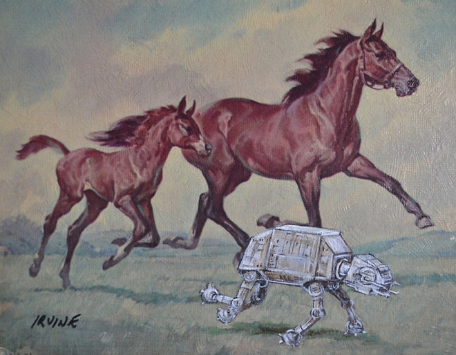 Pop culture characters added to thrift store paintings.