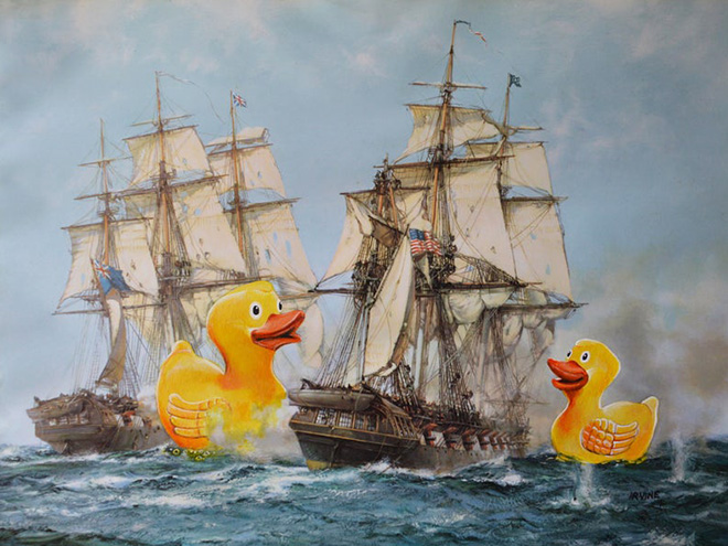 Pop culture characters added to thrift store paintings.