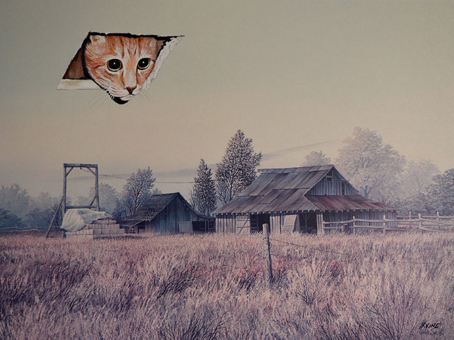 Pop culture characters added to thrift store paintings.