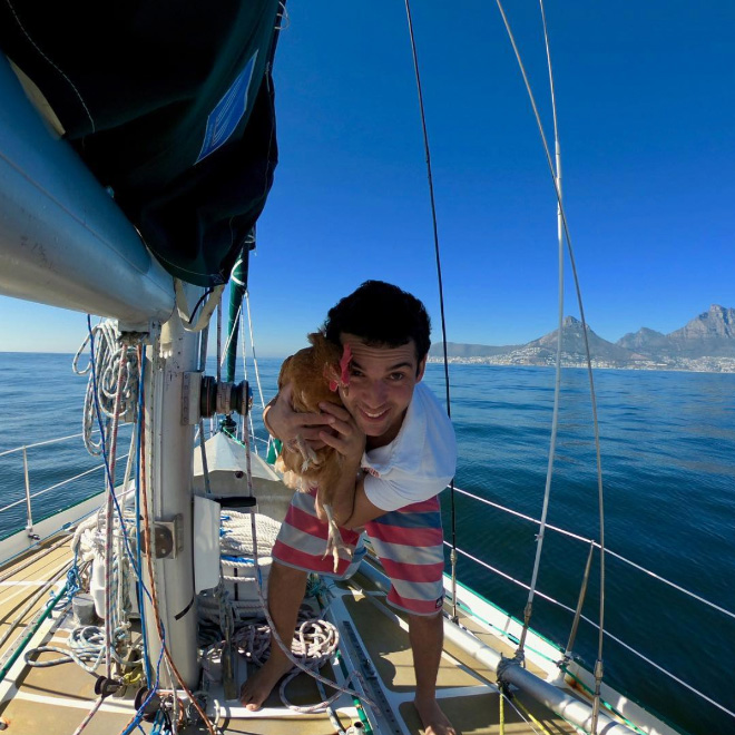 This guy sails around the world with his pet chicken.