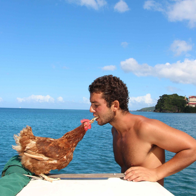 This guy sails around the world with his pet chicken.