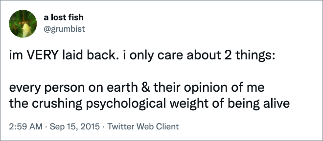 im VERY laid back. i only care about 2 things: every person on earth & their opinion of me the crushing psychological weight of being alive