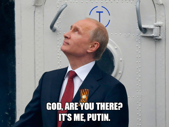 Putin looking at God.