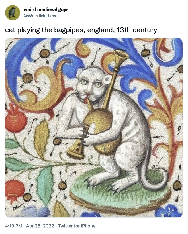 cat playing the bagpipes, england, 13th century