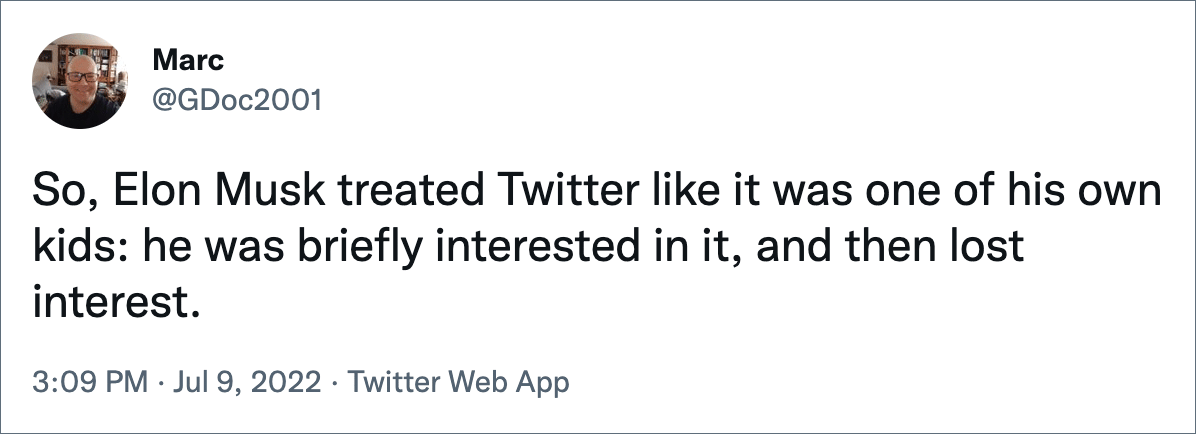 So, Elon Musk treated Twitter like it was one of his own kids: he was briefly interested in it, and then lost interest.