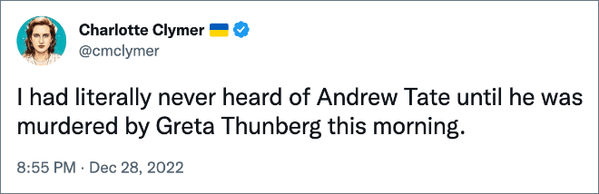 I had literally never heard of Andrew Tate until he was murdered by Greta Thunberg this morning.