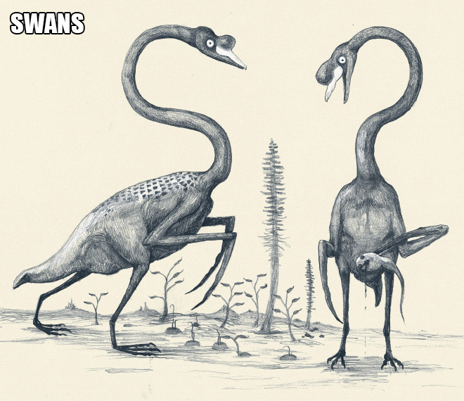 Swans imagined as though they were featherless dinosaurs.