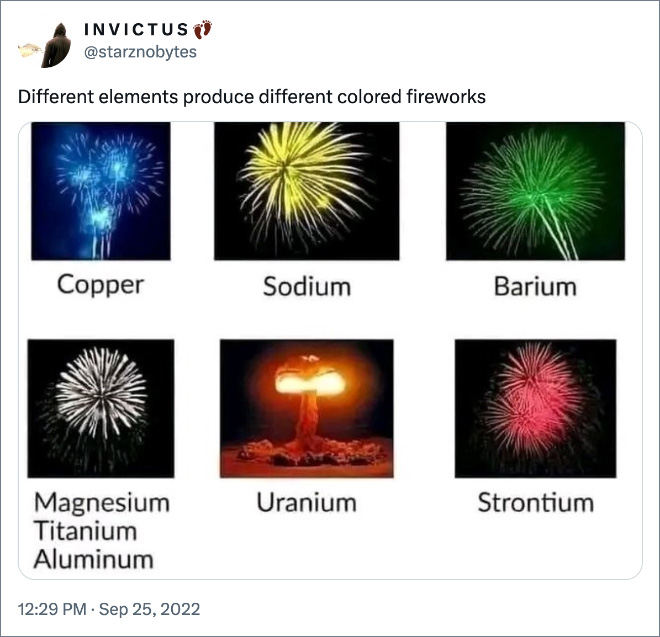 Different elements produce different colored fireworks