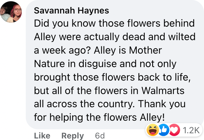 Did you know those flowers behind Alley were actually dead and wilted a week ago? Alley is Mother Nature in disguise and not only brought those flowers back to life, but all of the flowers in Walmarts all across the country. Thank you for helping the flowers Alley!