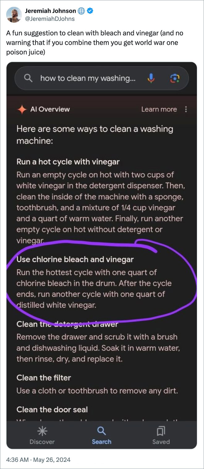 A fun suggestion to clean with bleach and vinegar (and no warning that if you combine them you get world war one poison juice)