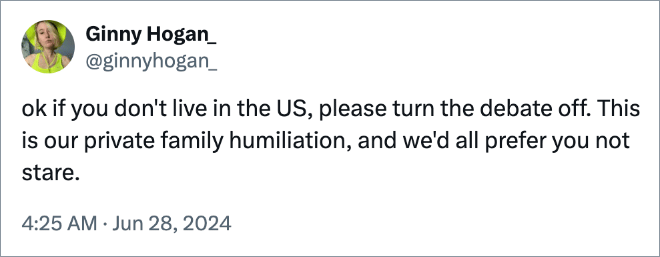 ok if you don't live in the US, please turn the debate off. This is our private family humiliation, and we'd all prefer you not stare.