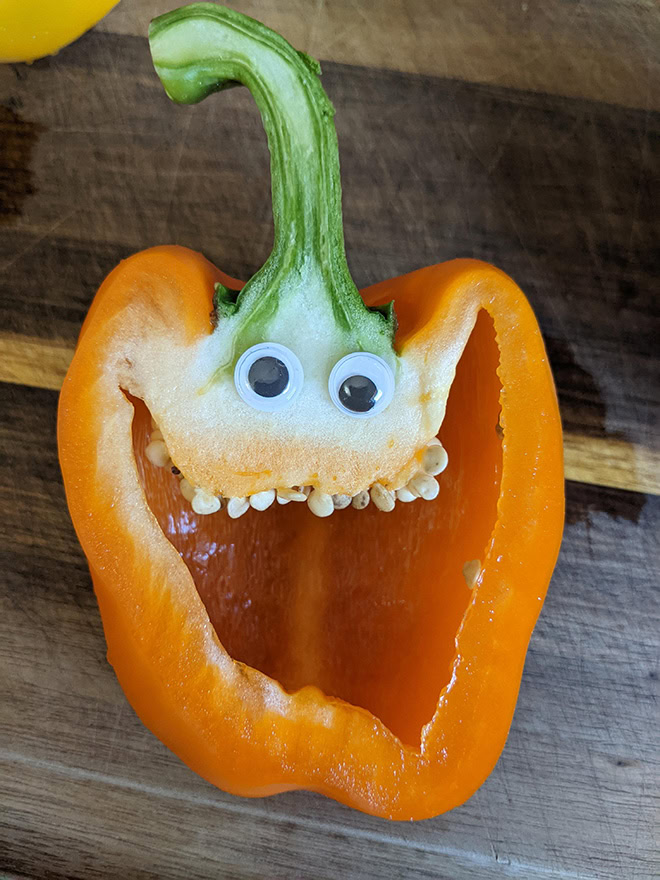 Peppers with googly eyes are hilarious.