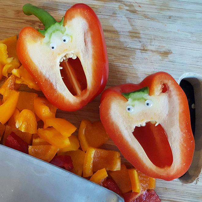 Peppers with googly eyes are hilarious.