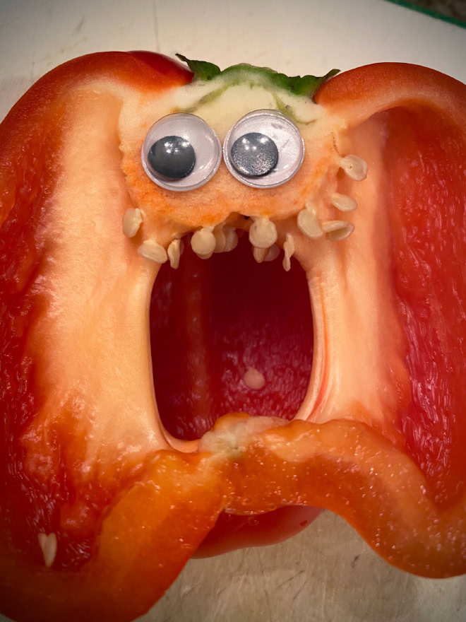 Peppers with googly eyes are hilarious.