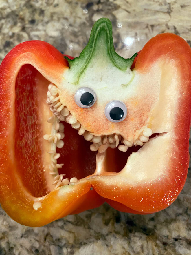 Peppers with googly eyes are hilarious.