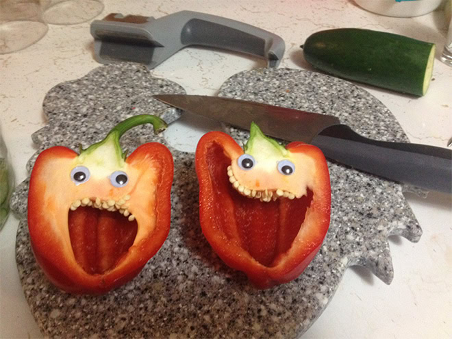 Peppers with googly eyes are hilarious.