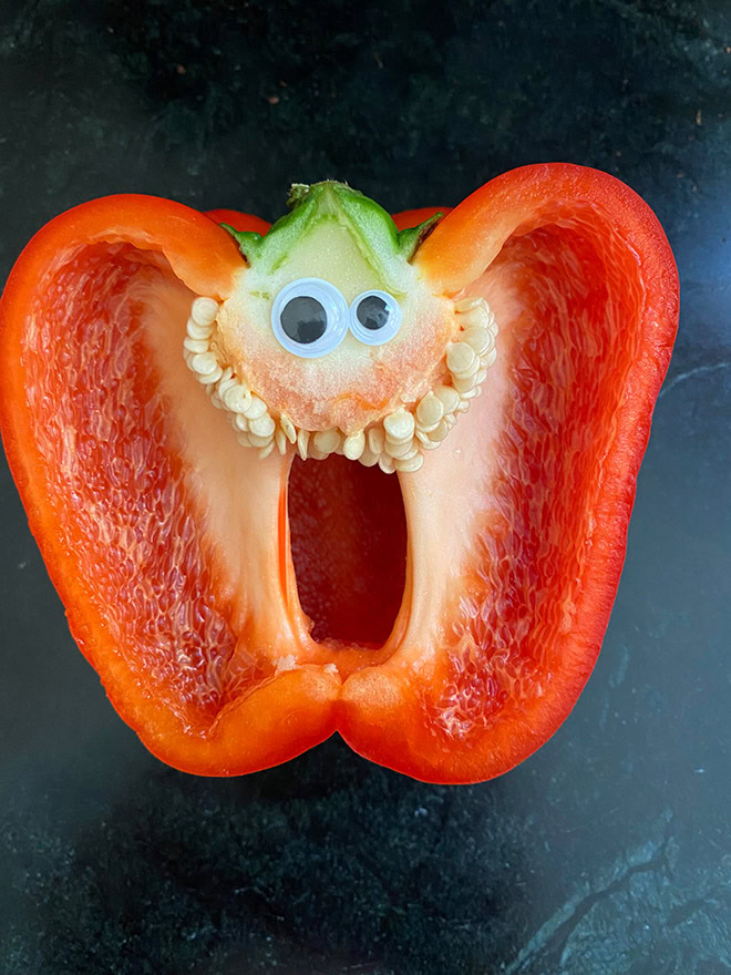 Peppers with googly eyes are hilarious.