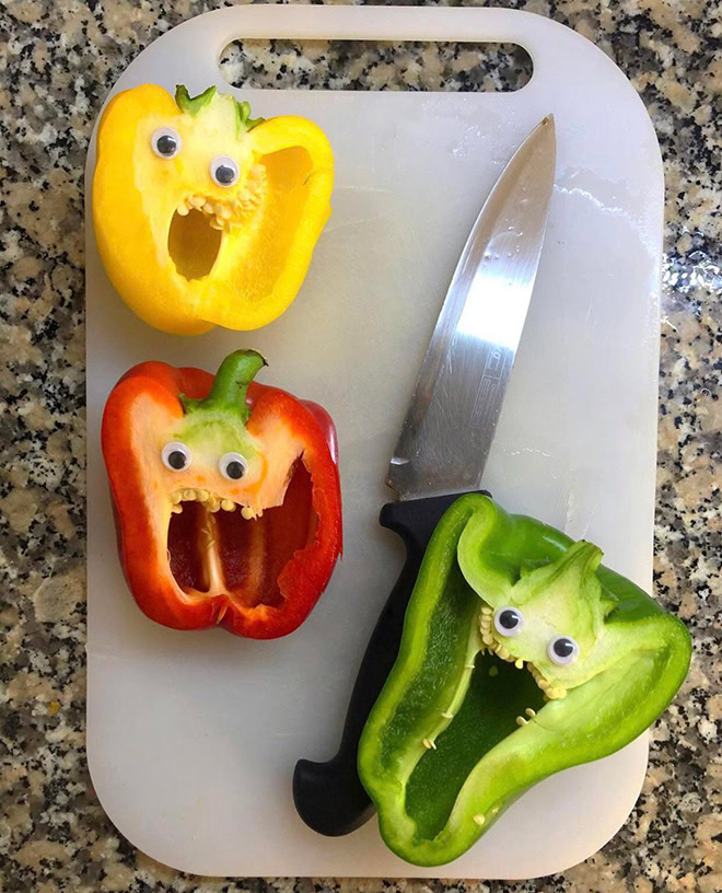 Peppers with googly eyes are hilarious.