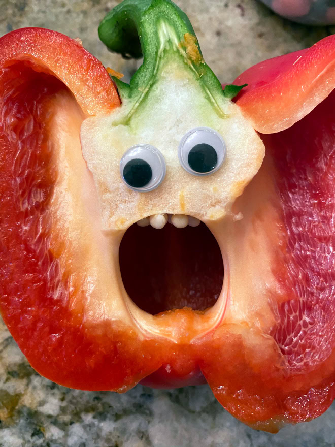 Peppers with googly eyes are hilarious.