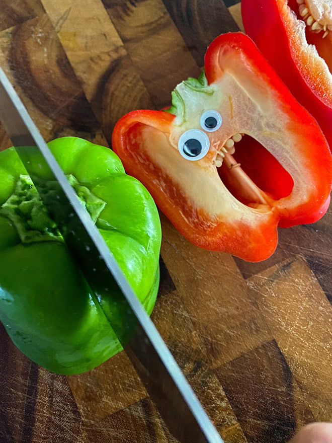 Peppers with googly eyes are hilarious.