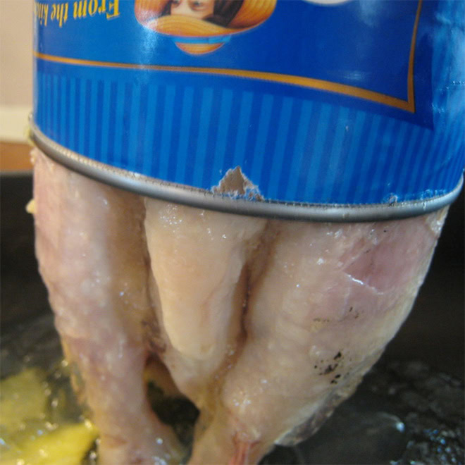 Whole cooked chicken in a can.