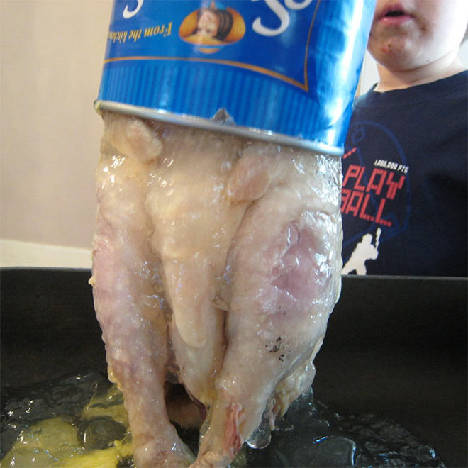 Whole cooked chicken in a can.