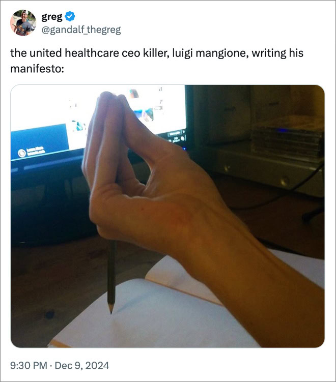 the united healthcare ceo killer, luigi mangione, writing his manifesto: