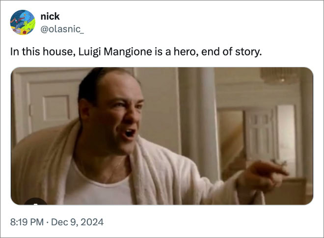 In this house, Luigi Mangione is a hero, end of story.