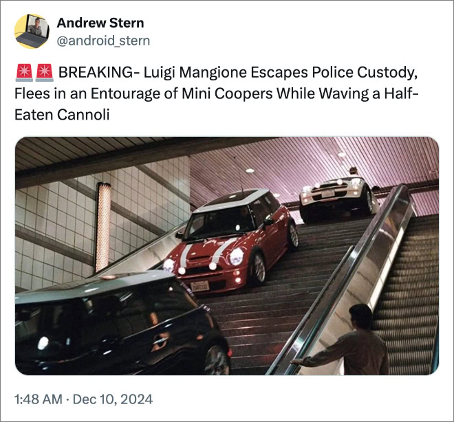 BREAKING- Luigi Mangione Escapes Police Custody, Flees in an Entourage of Mini Coopers While Waving a Half-Eaten Cannoli