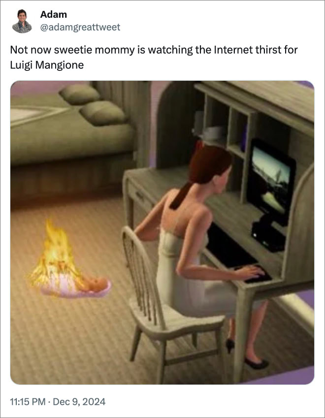 Not now sweetie mommy is watching the Internet thirst for Luigi Mangione