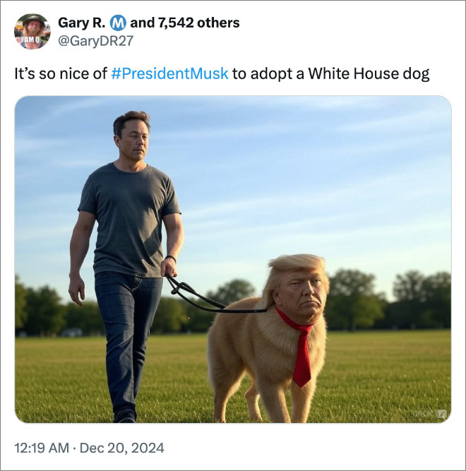 It’s so nice of #PresidentMusk to adopt a White House dog