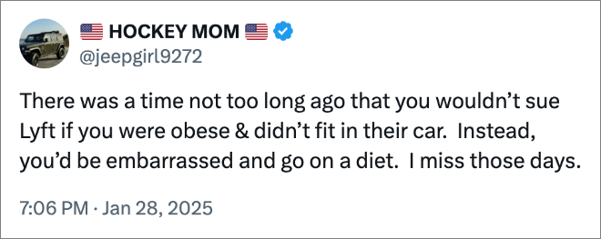 There was a time not too long ago that you wouldn’t sue Lyft if you were obese & didn’t fit in their car. Instead, you’d be embarrassed and go on a diet. I miss those days.