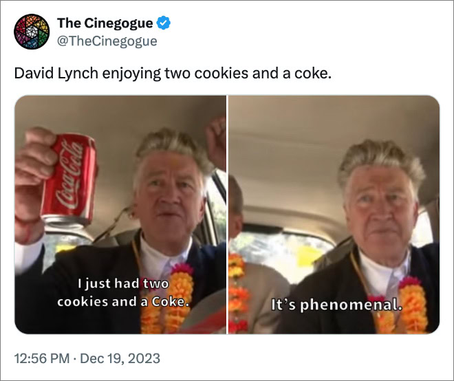 David Lynch enjoying two cookies and a coke.