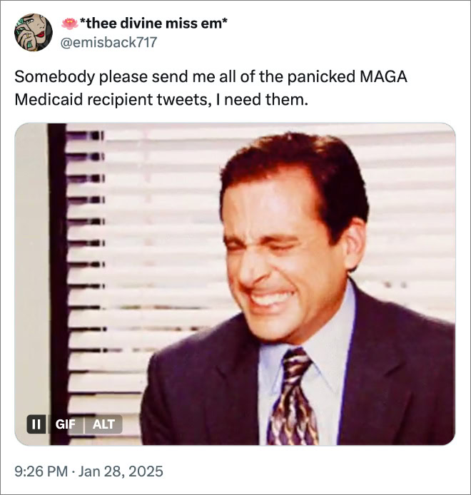 Somebody please send me all of the panicked MAGA Medicaid recipient tweets, I need them. 