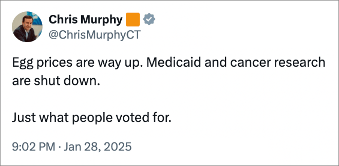 Egg prices are way up. Medicaid and cancer research are shut down. Just what people voted for.