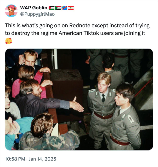 This is what’s going on on Rednote except instead of trying to destroy the regime American Tiktok users are joining it