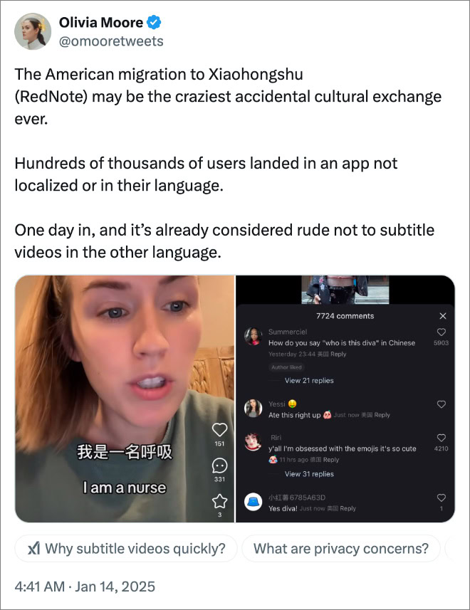 The American migration to Xiaohongshu (RedNote) may be the craziest accidental cultural exchange ever. Hundreds of thousands of users landed in an app not localized or in their language. One day in, and it’s already considered rude not to subtitle videos in the other language.