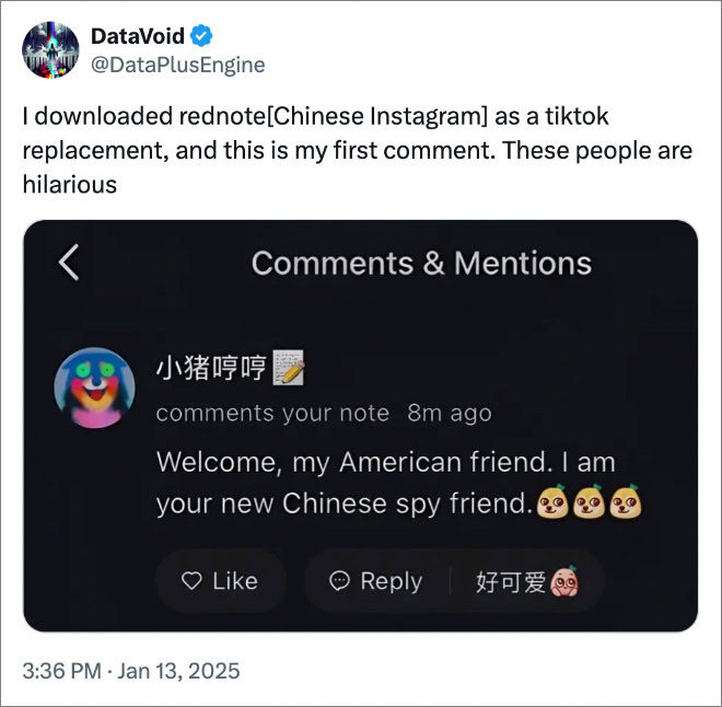 I downloaded rednote[Chinese Instagram] as a tiktok replacement, and this is my first comment. These people are hilarious