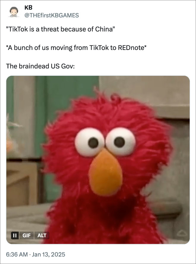 "TikTok is a threat because of China" *A bunch of us moving from TikTok to REDnote* The braindead US Gov: