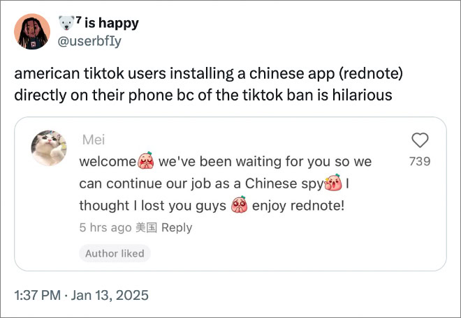 american tiktok users installing a chinese app (rednote) directly on their phone bc of the tiktok ban is hilarious