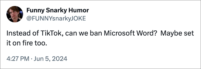 Instead of TikTok, can we ban Microsoft Word? Maybe set it on fire too.