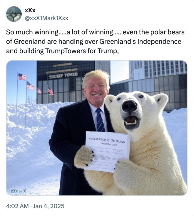 Begitu banyak kemenangan.....banyak kemenangan..... bahkan beruang kutub di Greenland menyerahkan Kemerdekaan Greenland dan membangun TrumpTowers untuk Trump,