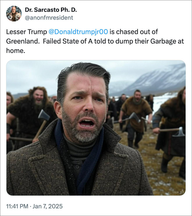 Lesser Trump @Donaldtrumpjr00 is chased out of Greenland. Failed State of A told to dump their Garbage at home.