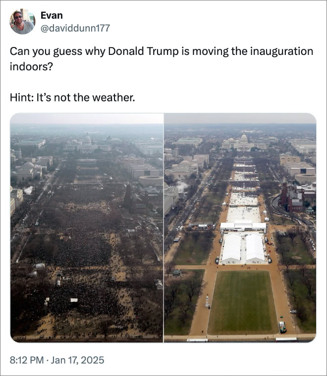 Can you guess why Donald Trump is moving the inauguration indoors? Hint: It’s not the weather.