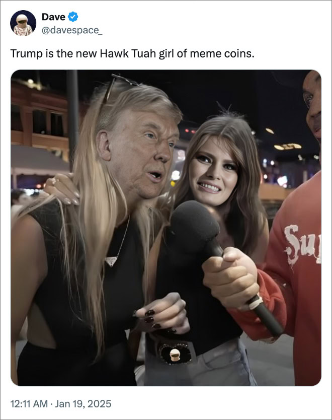 Trump is the new Hawk Tuah girl of meme coins.